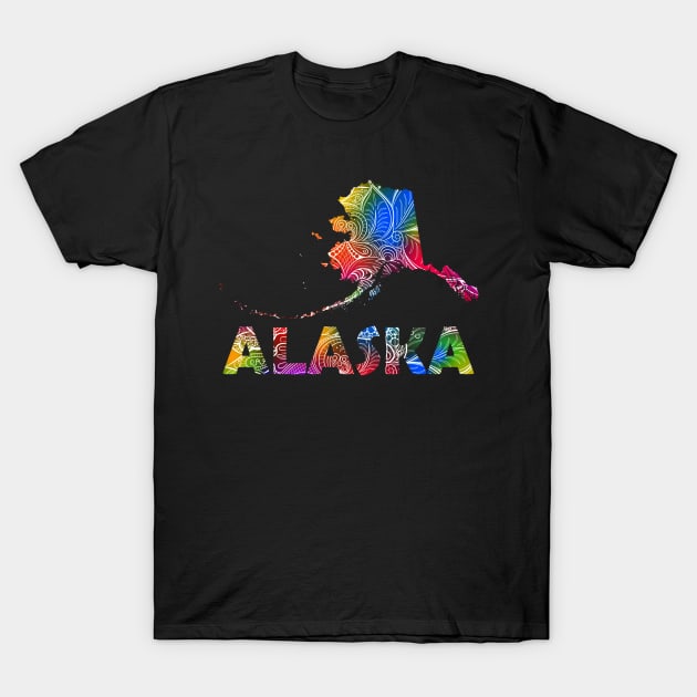 Colorful mandala art map of Alaska with text in multicolor pattern T-Shirt by Happy Citizen